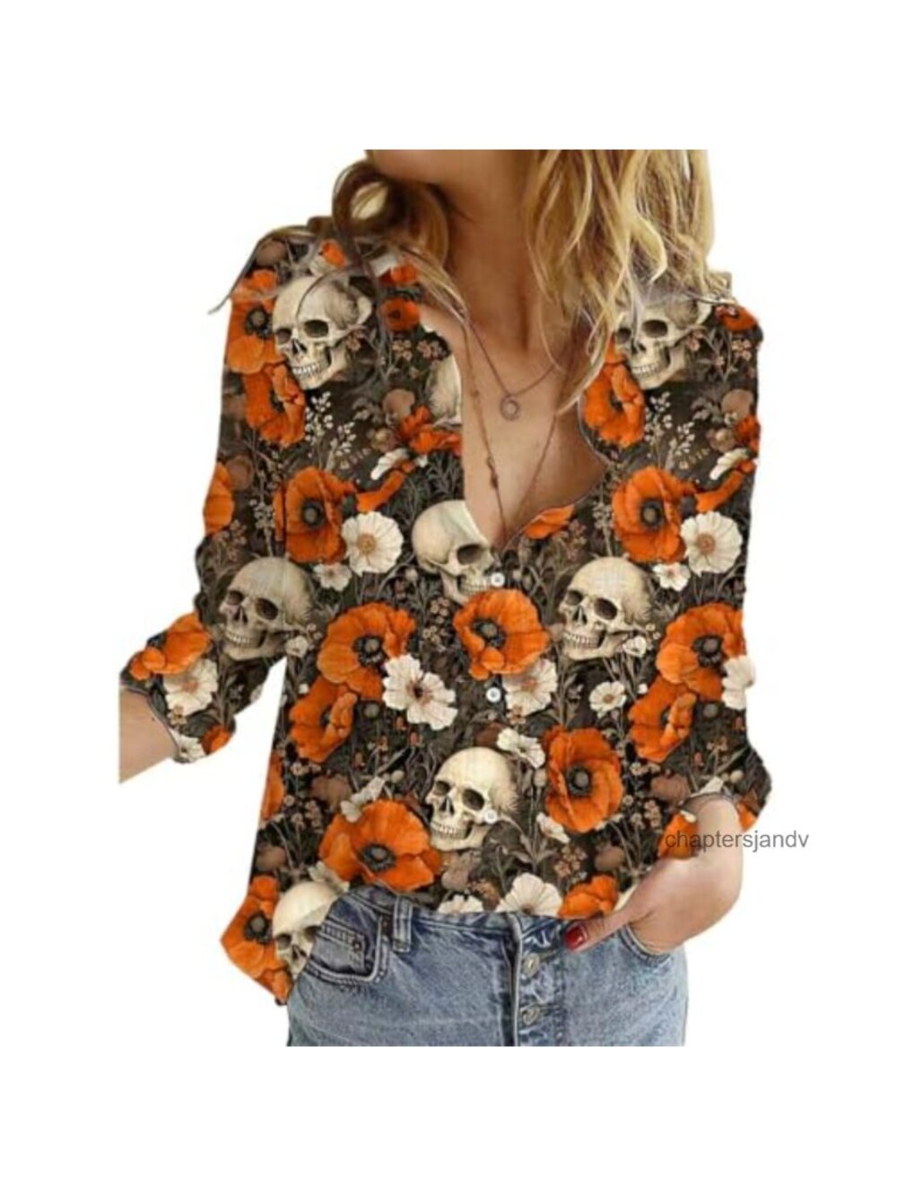 Women's V Neck Long Sleeve Button Down Halloween Top